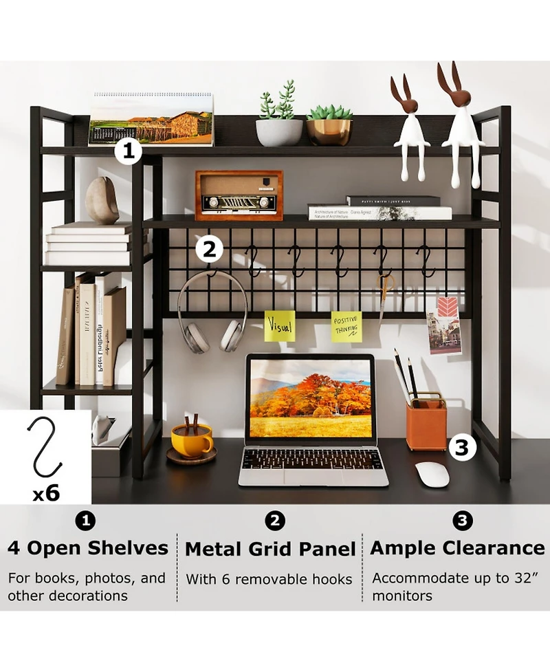 Gouun 4-Tier Desktop Display Shelf with Metal Grid Panel and Hooks