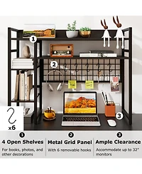 Gouun 4-Tier Desktop Display Shelf with Metal Grid Panel and Hooks