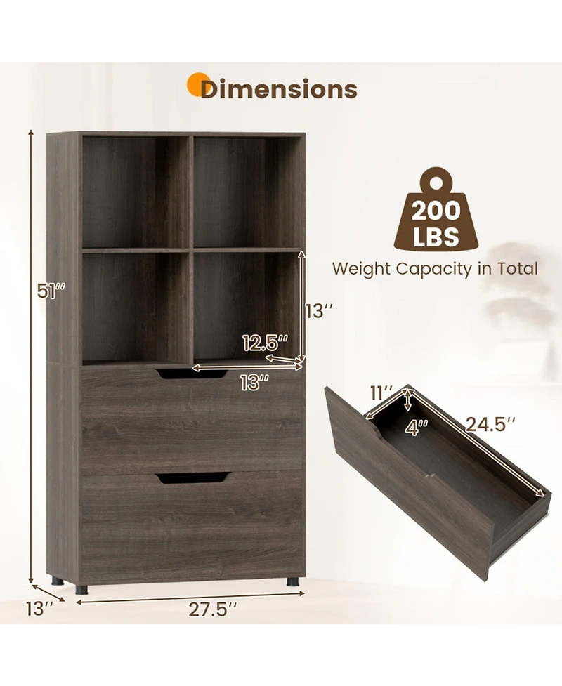 Gouun 4-Cube Bookcase with 2 Drawers and 51-Inch Tall Frame