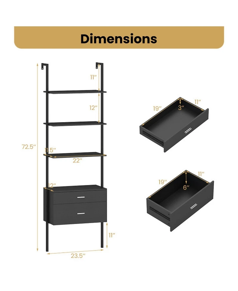 Gouun 6-Tier Ladder Bookcase with 2 Drawers and Metal Frame