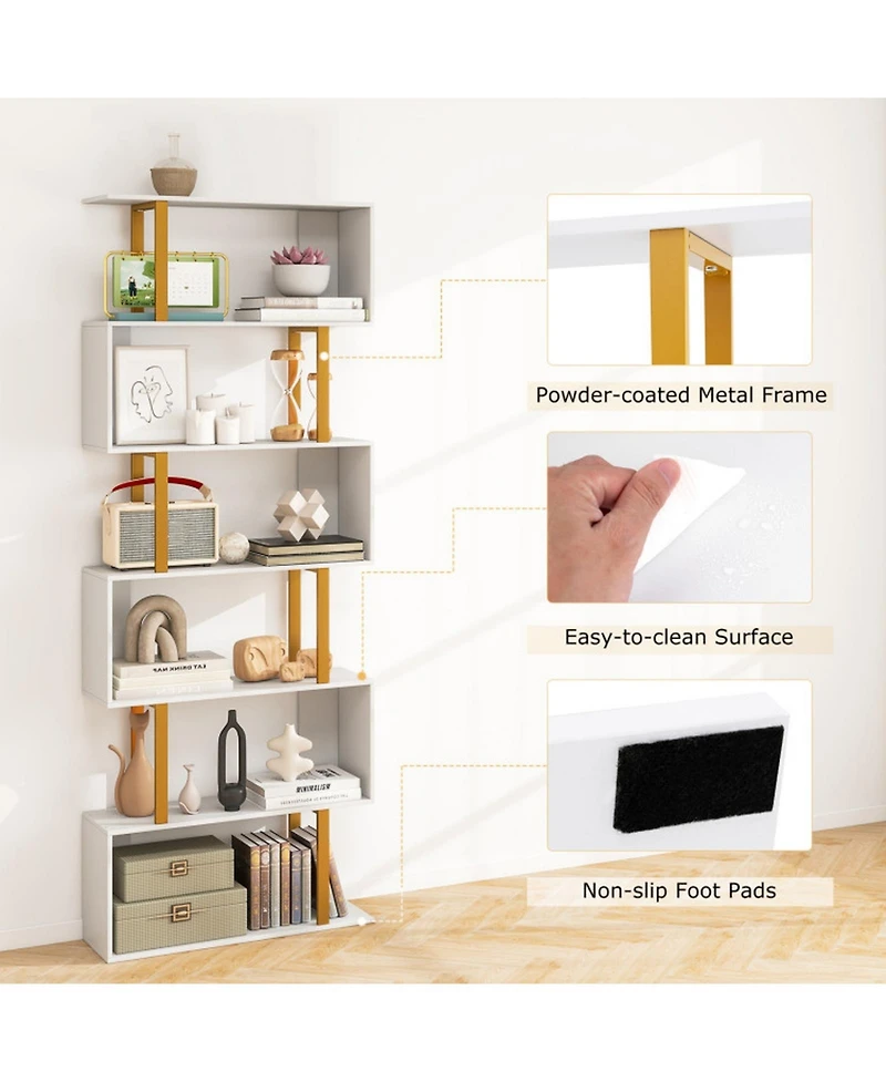 Gouun 6-Tier Geometric S-Shaped Bookcase with Metal Frame