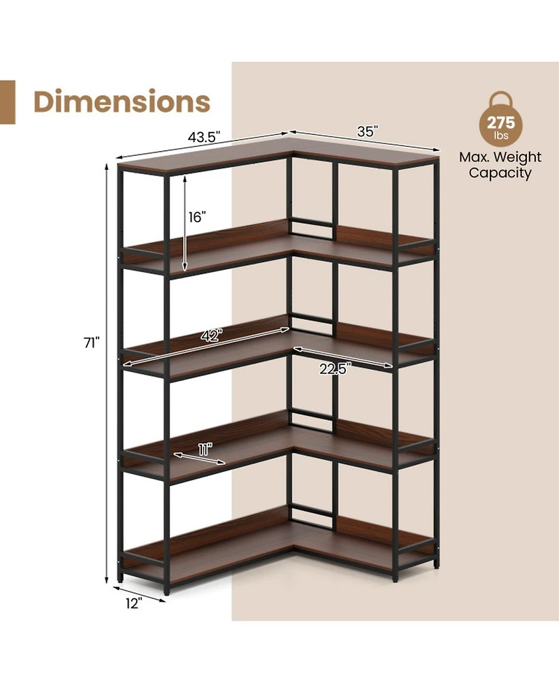 Gouun 5-Tier L-Shaped Corner Bookshelf with Metal Frame