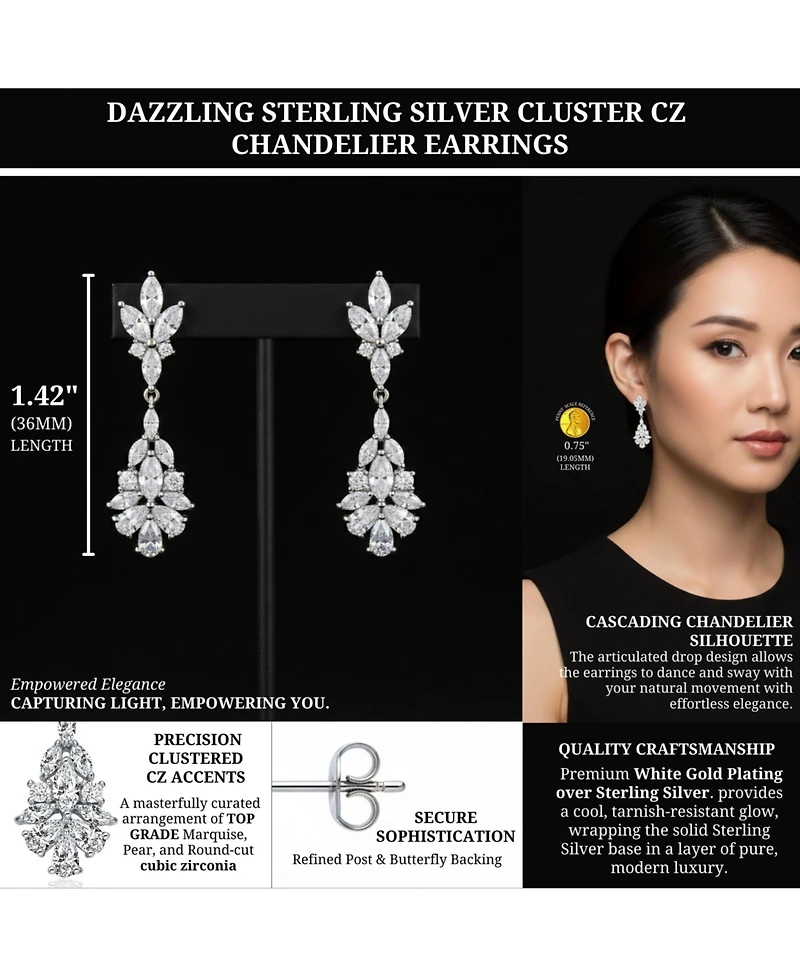 Elegant Sterling Silver & Rhodium-Plated Marquise, Pear, and Round Cubic Zirconia Cluster Earrings