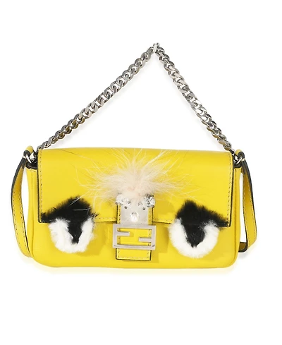 Pre-Owned Fendi Yellow Leather Fox Fur Buggie Micro Baguette