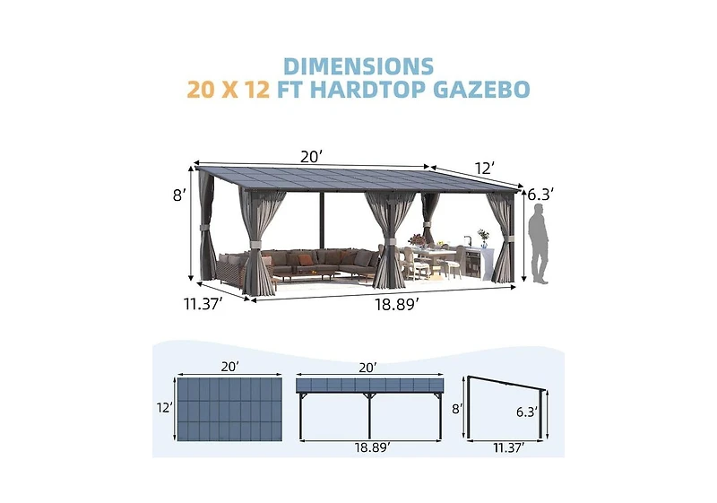 Aecojoy 20'x12' Wall Gazebo with Curtains and Mosquito Netting