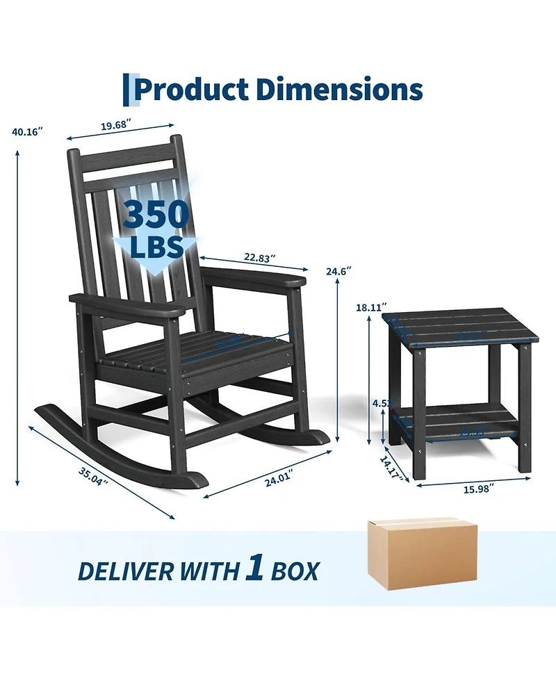 gaomon Poly Lumber Rocking Chair Outdoor Set of 2 with Side Table - Hdpe High Back Porch Rocker Chairs for Adults