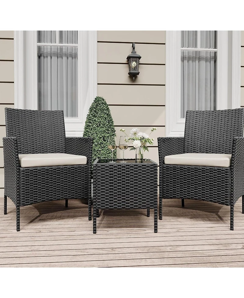 gaomon 3-Piece All-Weather Patio Conversation Set, Pe Rattan Armchairs and Glass Table