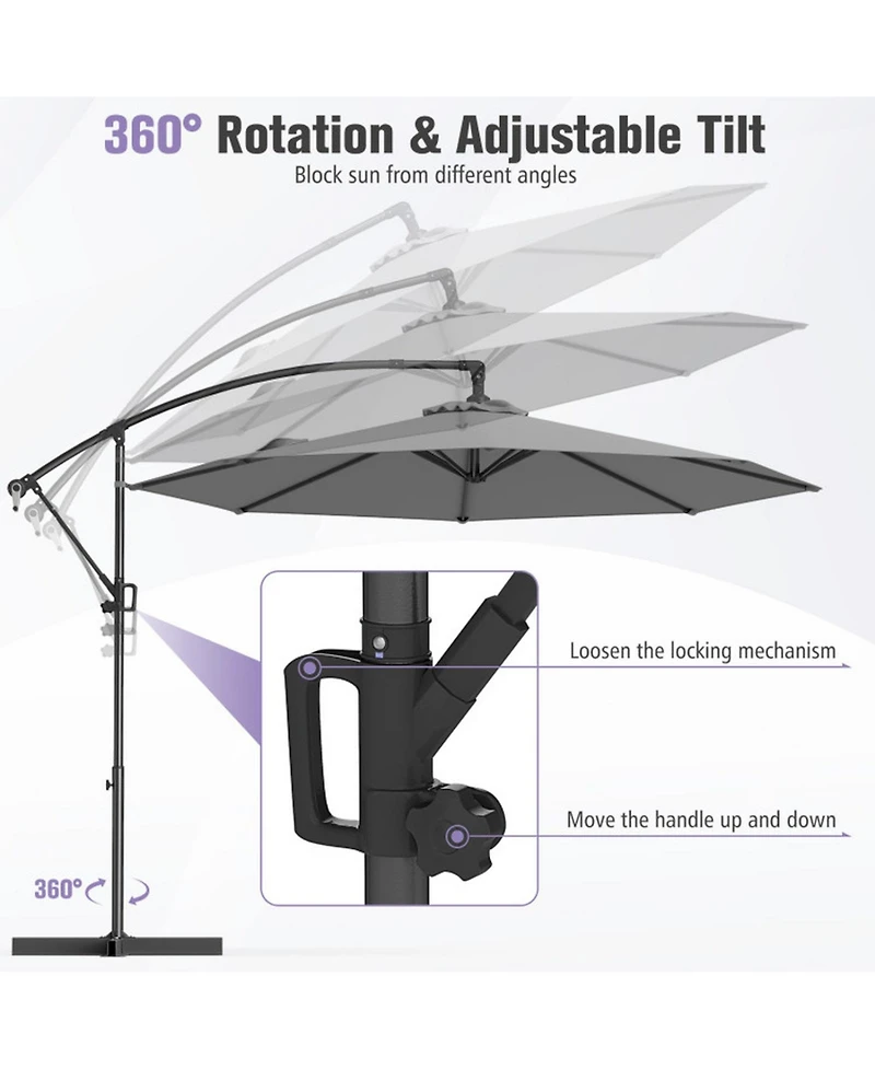 Gouun 10 ft Offset Hanging Patio Umbrella with Infinite Tilt 360-Degree Rotation and Base