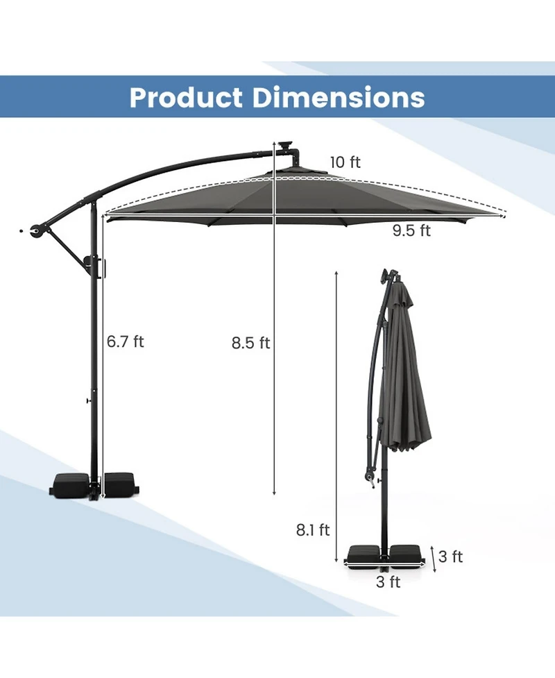 Gouun 10 ft Solar Offset Umbrella with 96 Led Lights 9 Modes Weighted Base and 360 Rotation