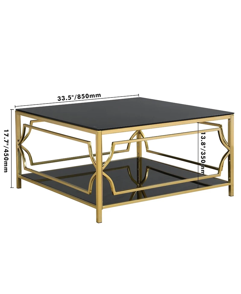 Rainsken Square Glass Coffee Table, Modern 2-Tier Center, Luxurious Geometric Metal Frame for Living Room