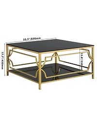 Rainsken Square Glass Coffee Table, Modern 2-Tier Center, Luxurious Geometric Metal Frame for Living Room