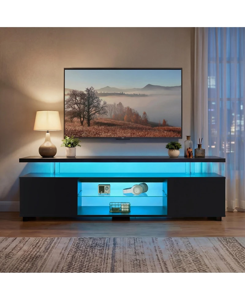 Rainsken Led Tv Stand with Ambient Lighting for 60" TVs, Modern Media Console with Large Side Storage Cabinet and Open Display Shelf for Living R
