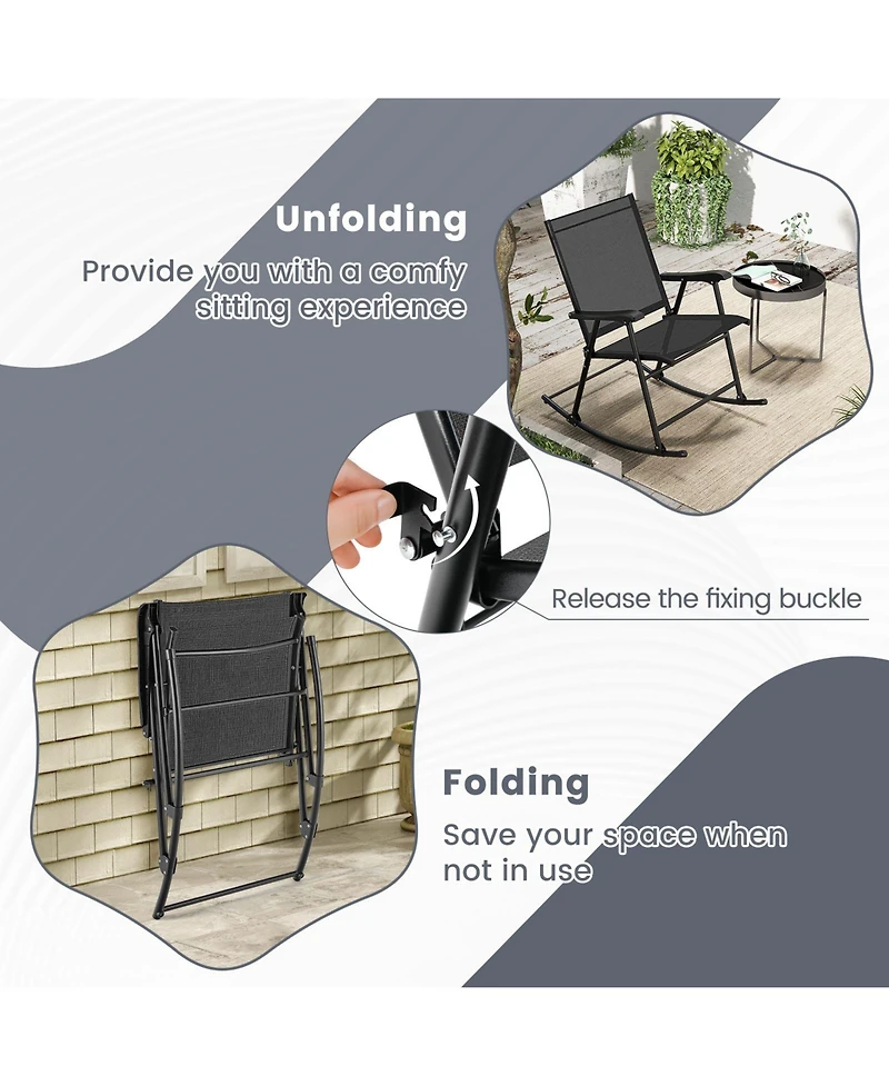 Gymax 4pcs Patio Folding Rocking Chair Heavy-Duty Metal Frame Rockers Outdoor