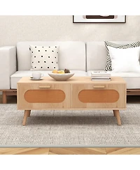Slickblue Rattan Coffee Table Mid Century Modern with Storage