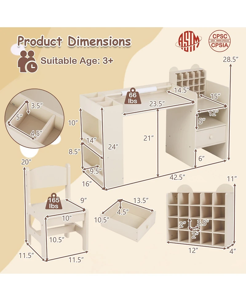 Sugift Kids Art Table and Chair Set with Paper Roll Holder Cabinet