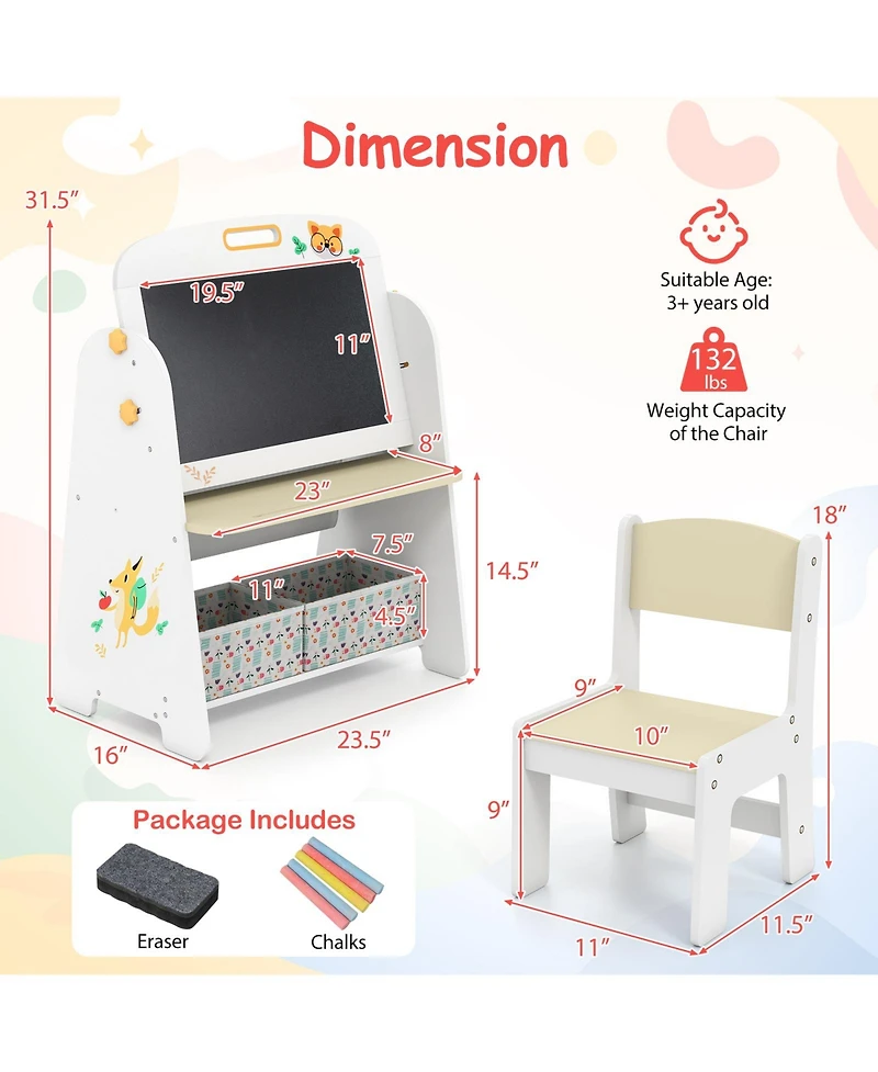 Slickblue 4-in-1 Kids Art Easel Table and Chair Set with Magnetic Whiteboard and Bookshelf