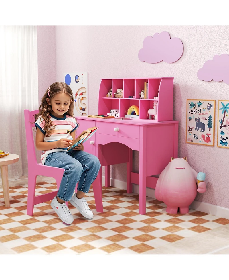 Sugift Kids Study Desk and Chair Set with Hutch and Storage Cabinet