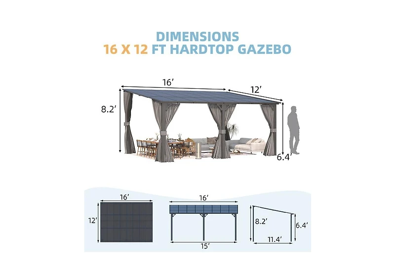 Aecojoy 16'x12' Wall Gazebo with Curtains and Mosquito Netting