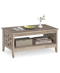 Farmhouse 2-Tier Coffee Table with Open Shelf and Woven Decor for Living Room