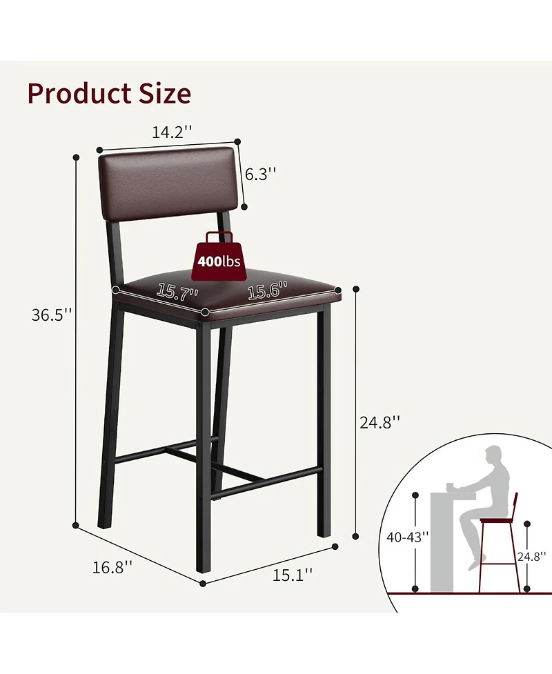 gaomon Set of 2 Bar Stools, 25" Counter Height, Pu Leather with Backrest and Footrest for Dining Room