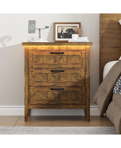 gaomon Farmhouse Drawer Dresser with Charging Station and Led Lights