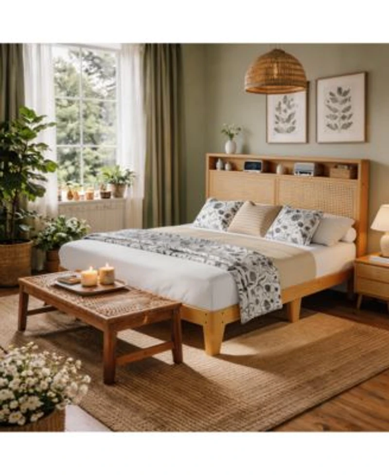 Homfan Bed Frame With Rattan Headboard Bohemian Bed Frame With Led Lights Charging Station