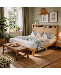 Homfan Bed Frame With Rattan Headboard Bohemian Bed Frame With Led Lights Charging Station