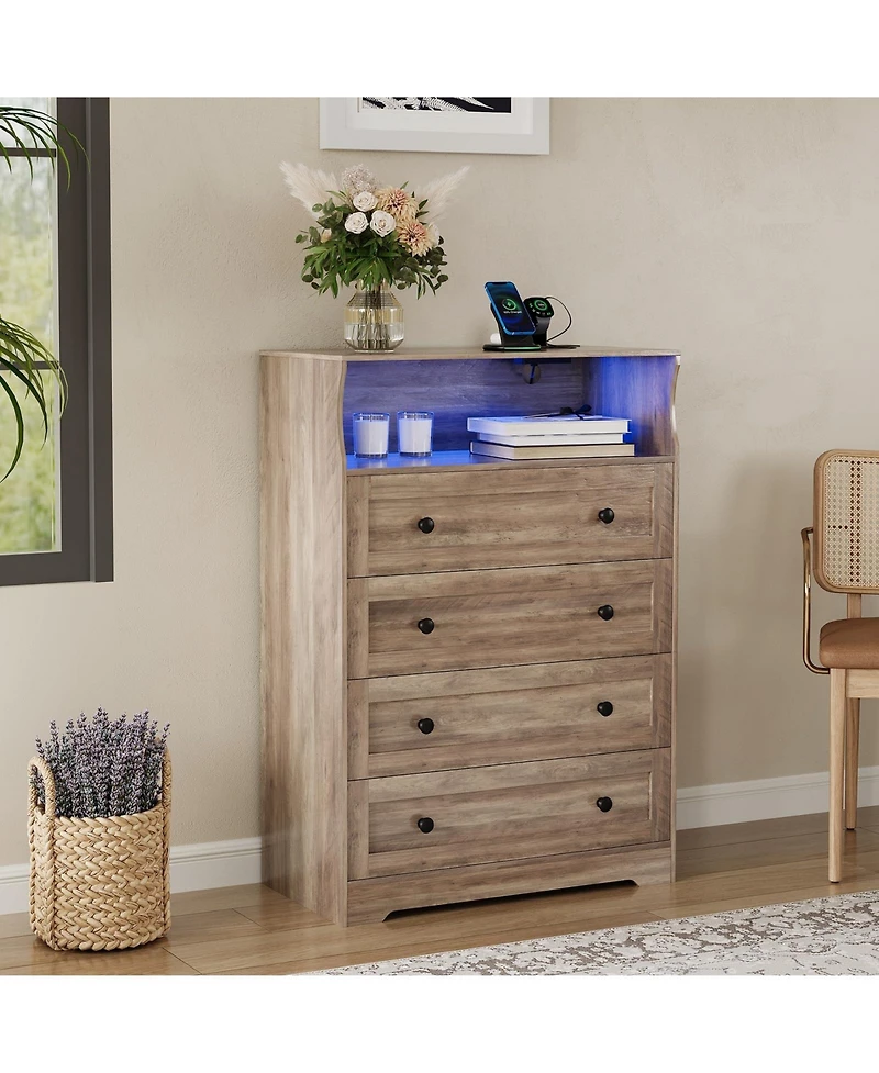 gaomon Tall Dresser for Bedroom with Led Lights and Charging Station, 4 Drawers Wood Chest of Drawers for Closet, Living Room