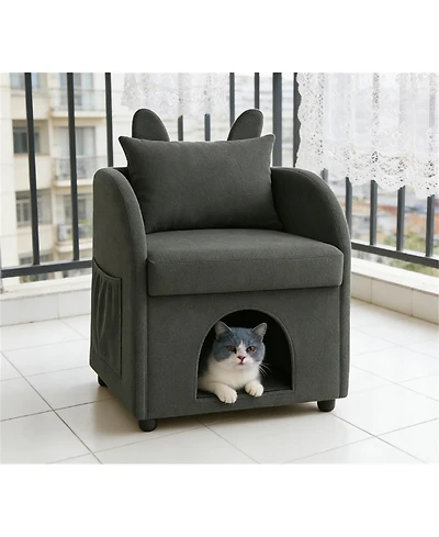 Zeus & Ruta Dark Bunny-Ear Cat Armchair Scratch-Resistant Fabric Built-in Hideaway Dual-Use Sofa with Side Pocket