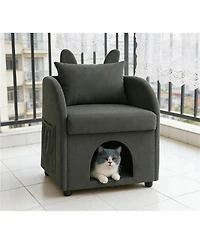 Zeus & Ruta Dark Bunny-Ear Cat Armchair Scratch-Resistant Fabric Built-in Hideaway Dual-Use Sofa with Side Pocket