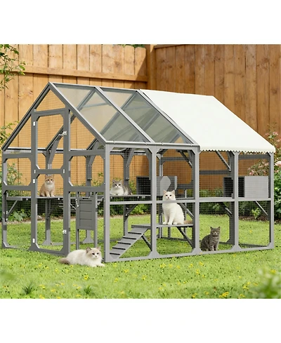 Zeus & Ruta Large Outdoor Cat Enclosure Wooden Shelter 7 Platforms 2 Resting Boxes 2 Bridges Waterproof Uv Proof Canopy