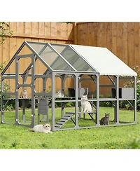 Zeus & Ruta Large Outdoor Cat Enclosure Wooden Shelter 7 Platforms 2 Resting Boxes 2 Bridges Waterproof Uv Proof Canopy