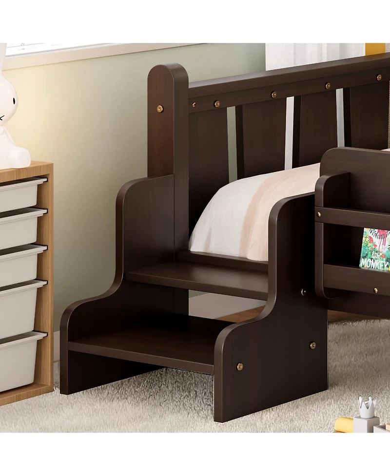 Rainsken Twin Size Floor Bed with Stairs and Bookcase, Solid Wood Low Profile Bed Frame with Guardrails, Kids Bed for Boys Girls, 350 Lbs Capacity