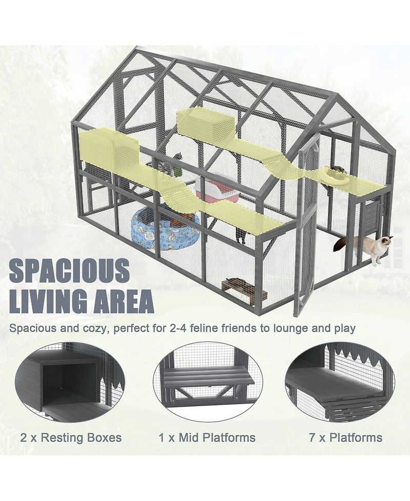 Zeus & Ruta Large Outdoor Cat Enclosure Wooden Shelter 7 Platforms 2 Resting Boxes Bridges Waterproof Uv Proof Canopy