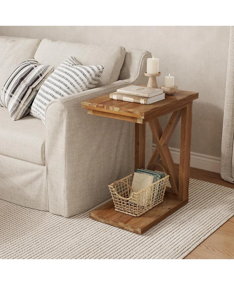 Tribesigns Solid Wood End Table Set of 2, 2-Tier C Shaped Side Table, Solid Wood Sofa Side Table, Simple Nightstand