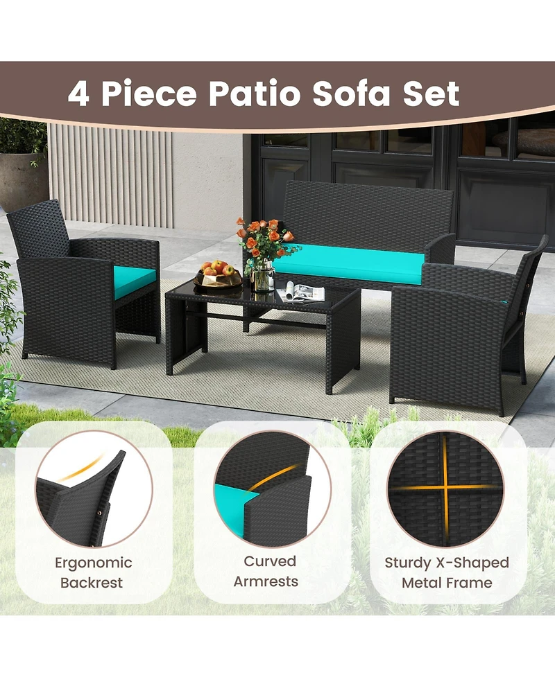 Sugift 4 Piece Patio Furniture Set with Glass Table and Cushions
