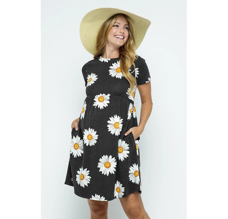 Hello Miz Maternity Womeen's Floral Empire Waist T-Shirt Dress with Pockets