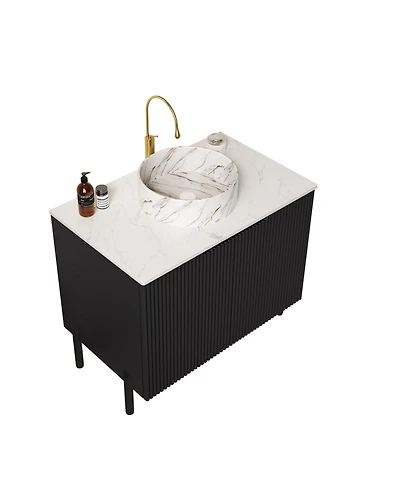 Busdays 30 Inch Freestanding Bathroom Vanity with White Ceramic Sink Stone Pattern Carrara Top 2 Door Storage Cabinet No Faucet