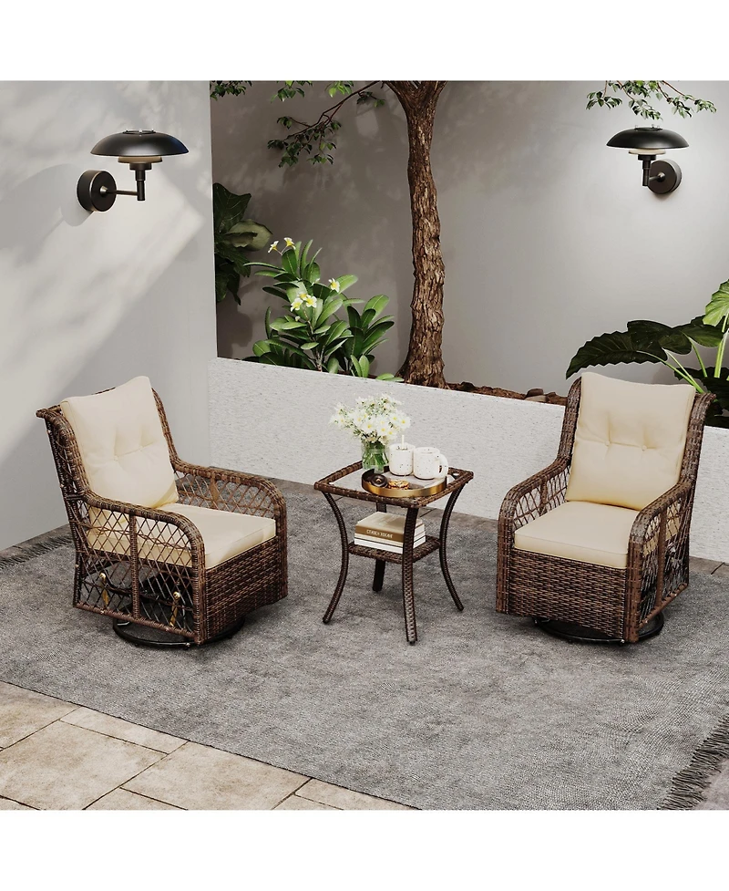 Sugift 3 Piece Patio Wicker Swivel Glider Set with Side Table