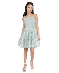 Rare Editions Girls' 7-16 3D Flower Glitter Mesh Ruched Bodice Dress