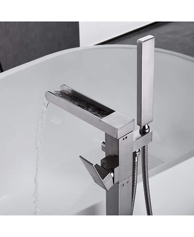 Busdays Bathroom Freestanding Waterfall Tub filler Brushed Nickel Floor Mount Faucet with Hand Shower
