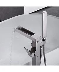 Busdays Bathroom Freestanding Waterfall Tub filler Brushed Nickel Floor Mount Faucet with Hand Shower