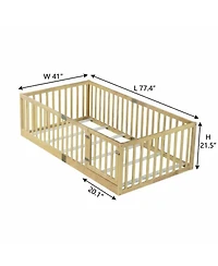 Clihome Twin Size Floor Bed with High Fence Railings, with Door