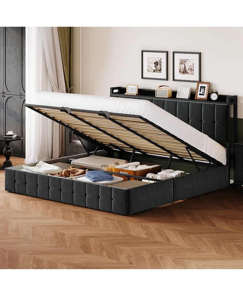 Homfan Lift Up Bed Frame, Upholstered Bed with Button Tufted Wingback Storage Headboard, Hydraulic Storage, No Box Spring Needed