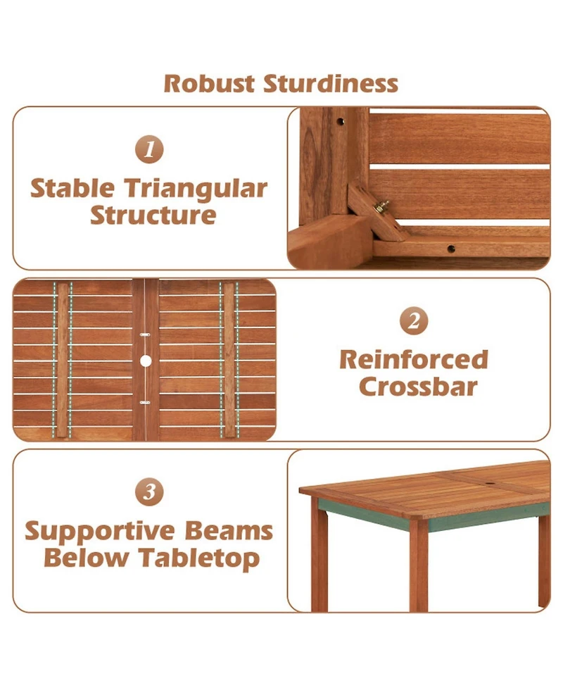 Gouun 59 in Solid Wood Outdoor Patio Dining Table for 6 with Umbrella Hole