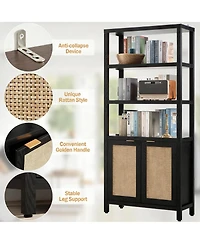 Yigii 5-Tier Rattan Boho Bookcase with Doors for Home Storage