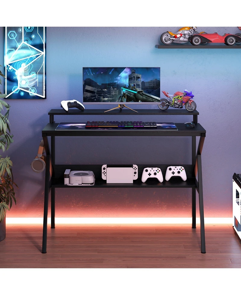 Slickblue Computer Desk with Monitor Stand and Storage Shelf, Space Saving for Work Study