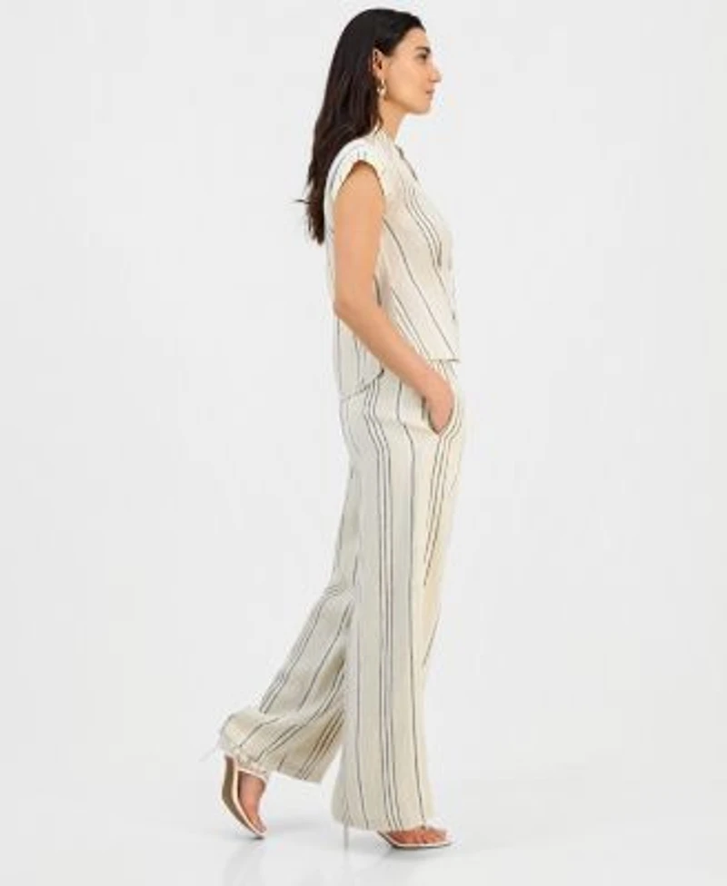 I.N.C. International Concepts Petite Short Sleeve Collared Button Up Blouse Wide Leg Pull On Pants Exclusively At Macys