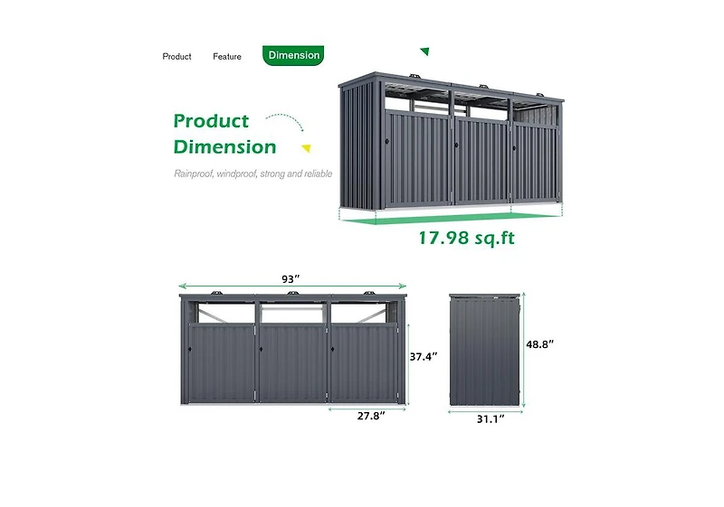 Aecojoy 73 Cu.Ft Outdoor Trash Can Storage Shed for 3 Garbage Cans