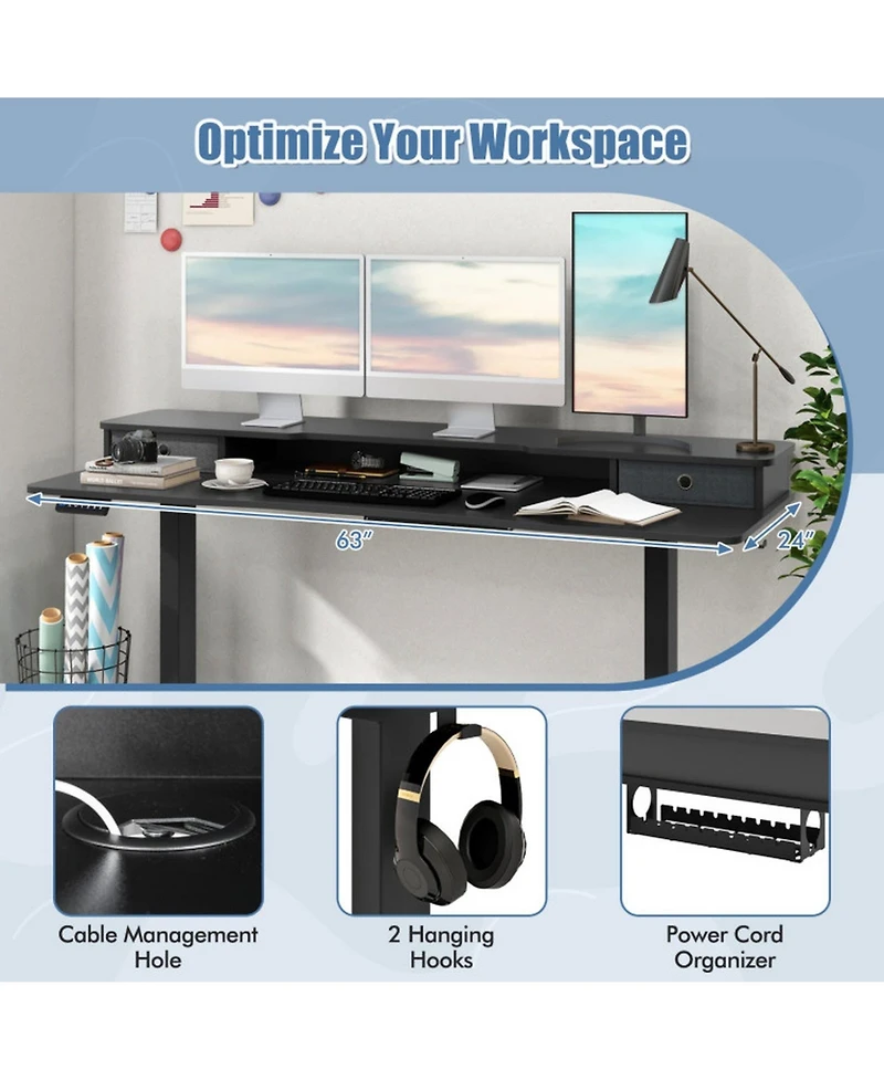 Gouun in Electric Standing Desk with 2 Fabric Drawers and Monitor Stand